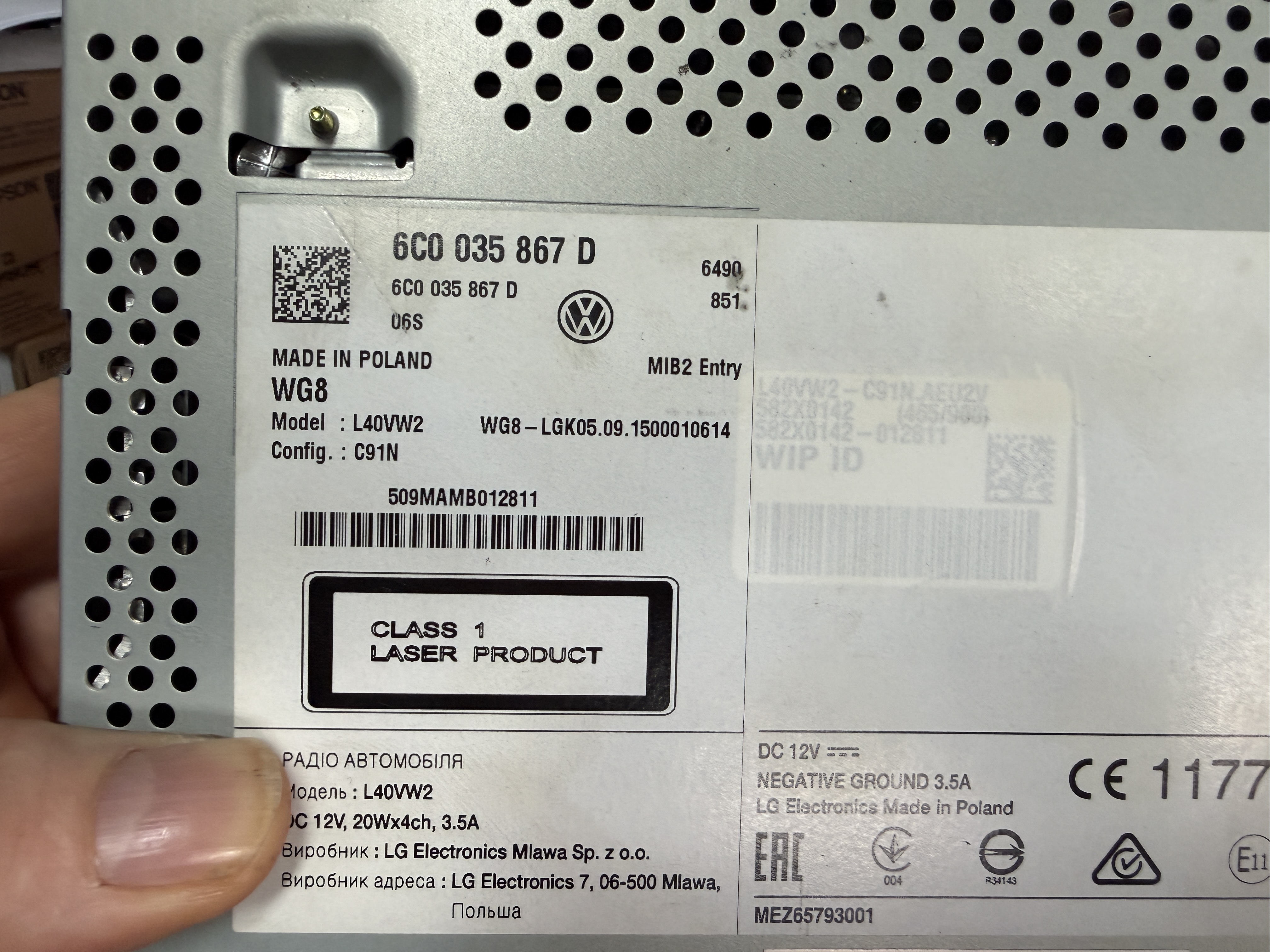 Volkswagen - Polo 6C vanaf 2014 Radio CD-Speler reparatie